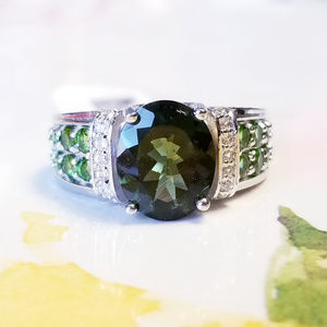 Moldavite & Chrome Diopside Impressive SS Ring NWT